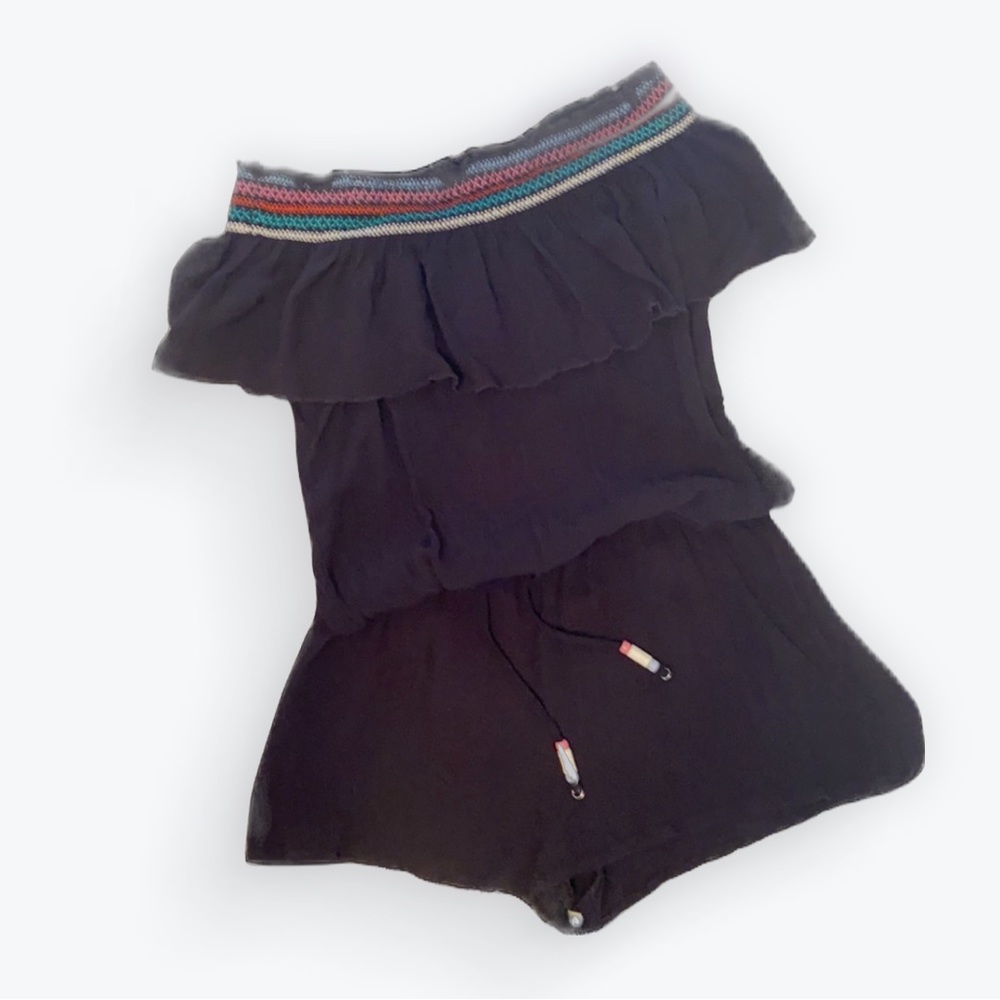 Isabella Rose Black off/shoulder Smocked Shorts Romper Swim Coverup Size SM